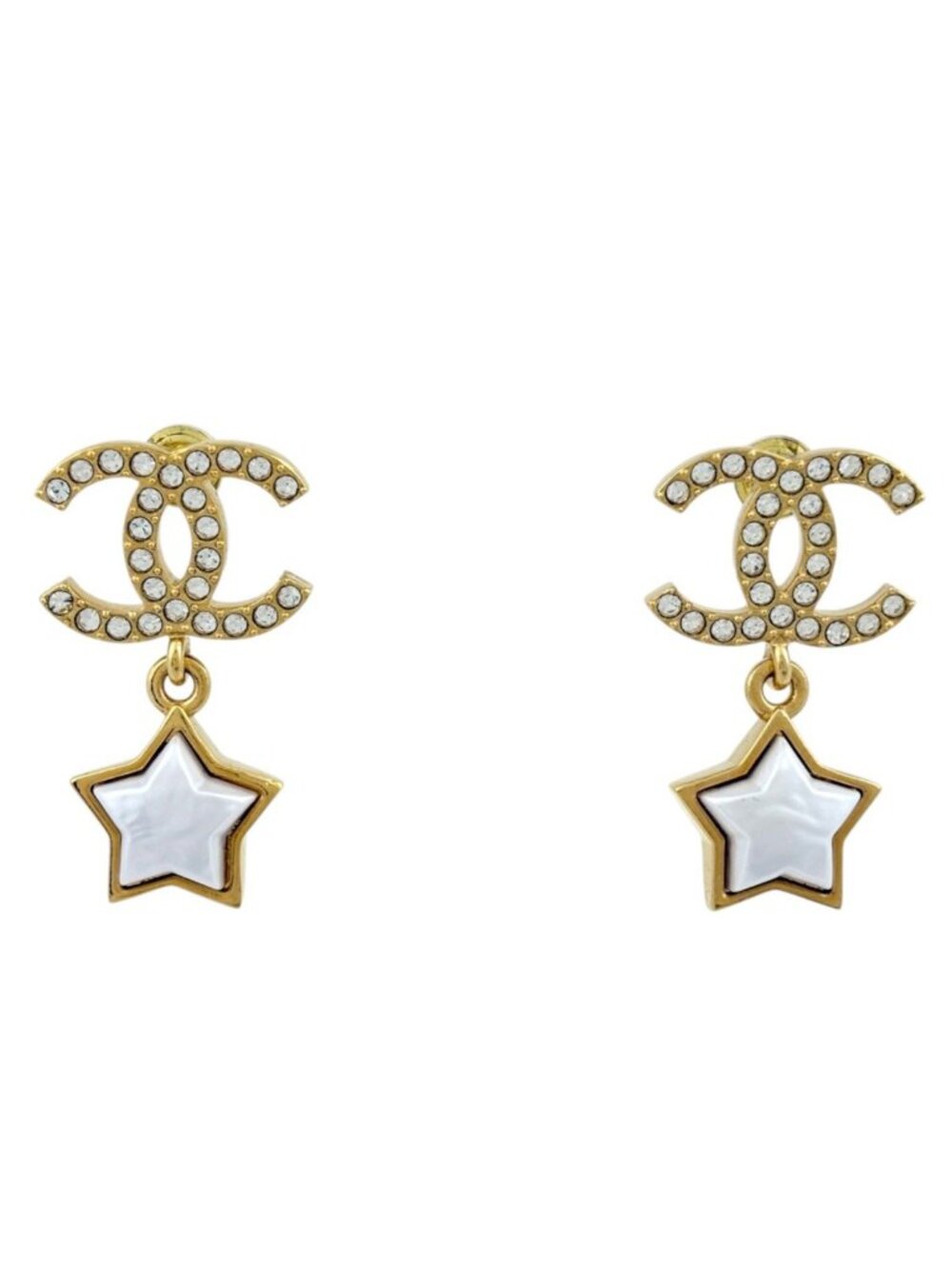 Chanel Earrings CC Logo Star Swing Rhinestone Gold